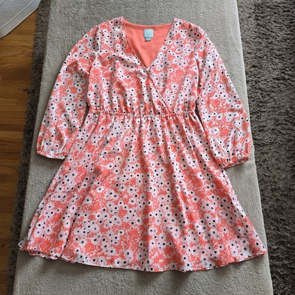 CeCe By Cynthia Steffens Coral Pop Gemma Surplice Long Sleeve Dress Size 12 - Picture 6 of 15